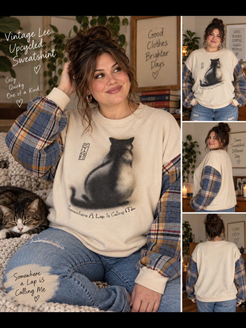 Upcycled Lee Cat Sweatshirt 2XL Plaid Flannel Sleeve Oversized Reworked USA